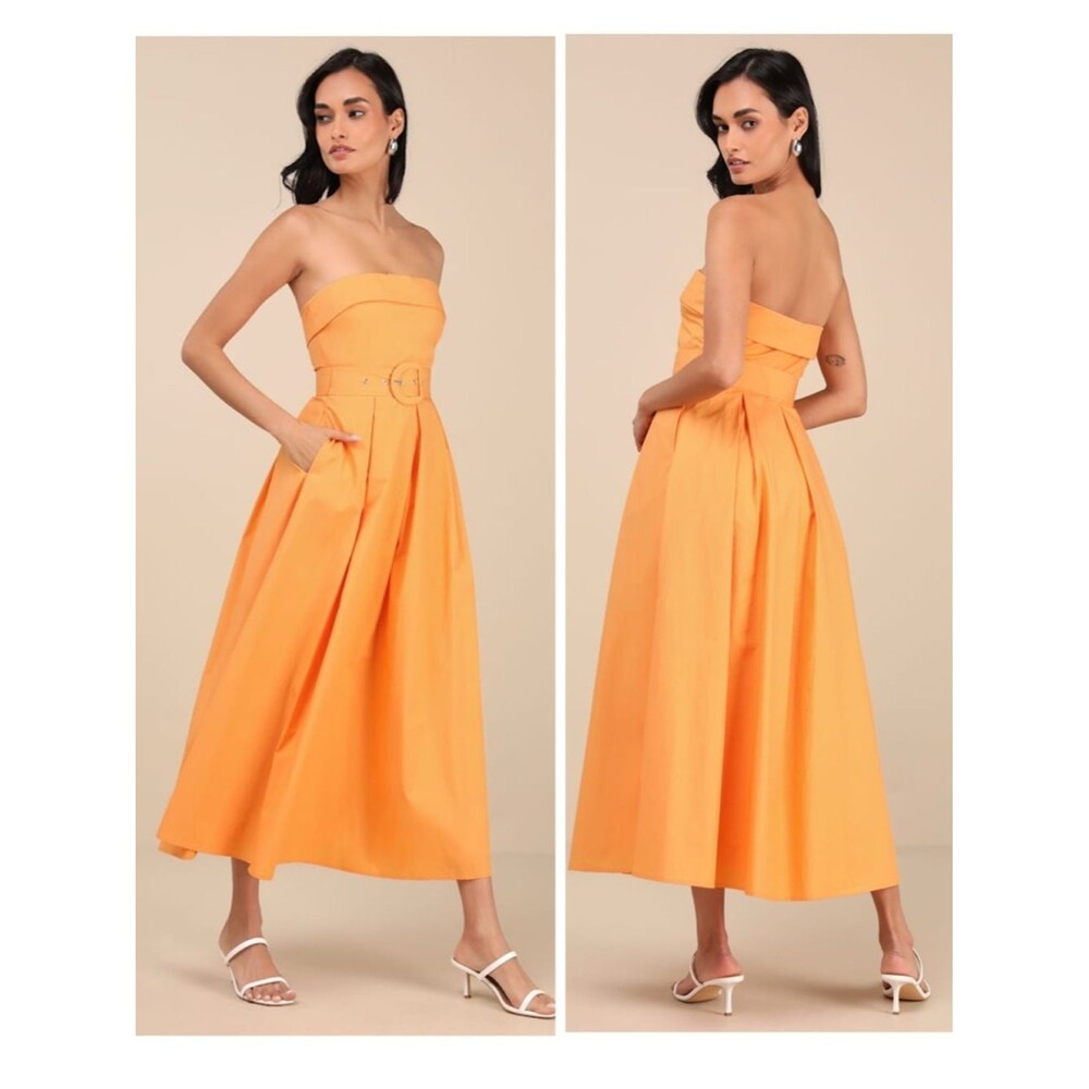 Lulus Trendsetting Choice Orange Strapless Midi Dress Pockets Size Small Wedding